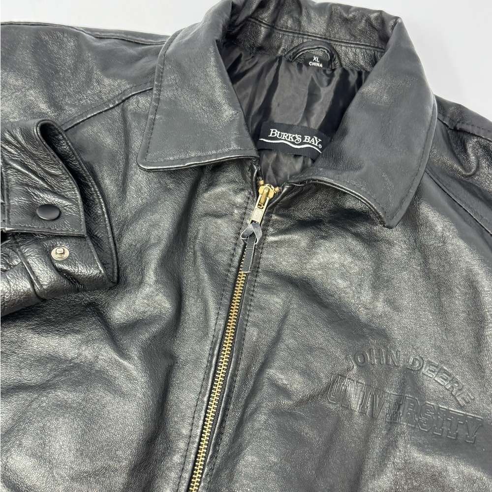 VTG Burks Bay John Deere University Leather Bomber Jacket Men’s Sz XL  Black I2